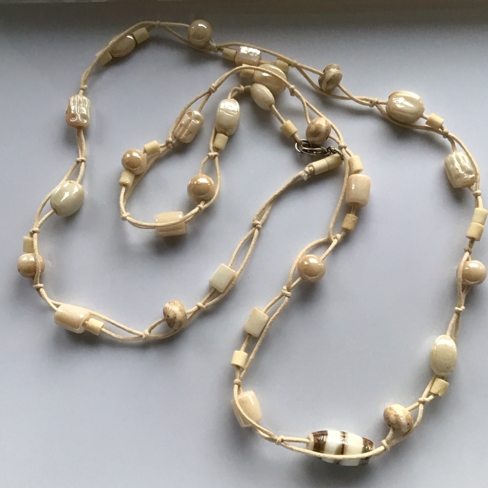 Long Beaded Cord Necklace - Shell Beads - Boho 40” Long